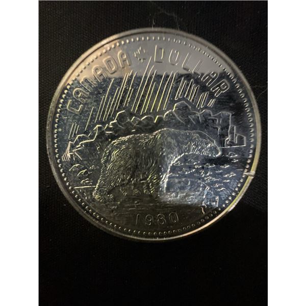 1980 Canada Silver Dollar Coin, .500 Silver, 23g, Queen Elizabeth II, Polar Bear Design