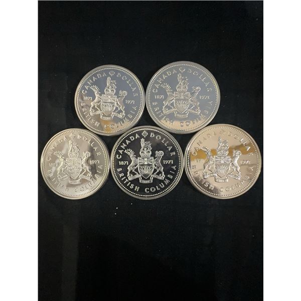 1971 British Columbia Centennial (5) 115g total .500 Silver Canada Dollar Coins, Queen Elizabeth II