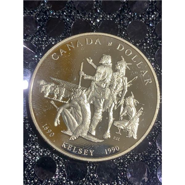 1990 Canada Dollar Kelsey 23g 500 Silver Coin, Elizabeth II, Indigenous and Explorer Design
