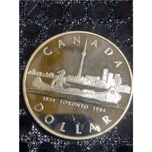1984 Canada Toronto Dollar, 23g .500 Silver Coin, Canoe Design, Elizabeth II Obverse