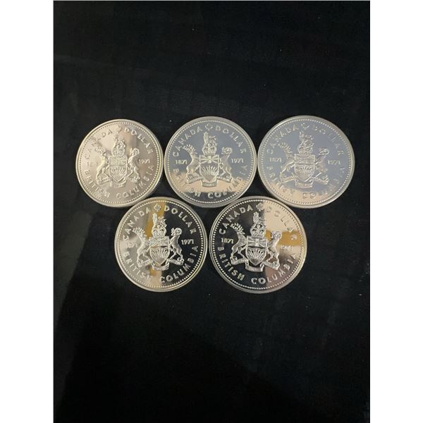 5 Canada 1871-1971 British Columbia Dollar Coins, 23g .500 Silver Each