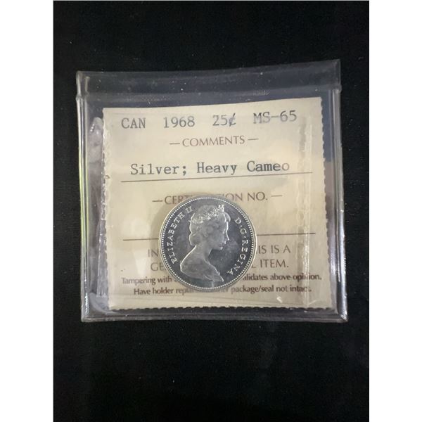 1968 Canada 25 Cent ICCS MS-65 Silver Coin, Heavy Cameo, .800 Silver, 5.8g