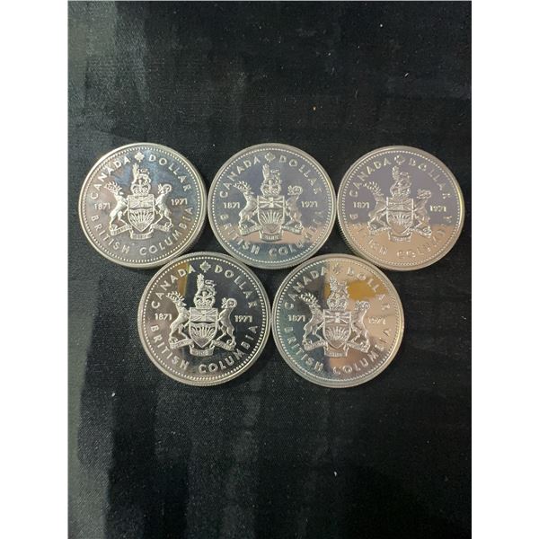 5 Canada 1871-1971 British Columbia Silver Dollar Coins, 23g .500 Silver Each