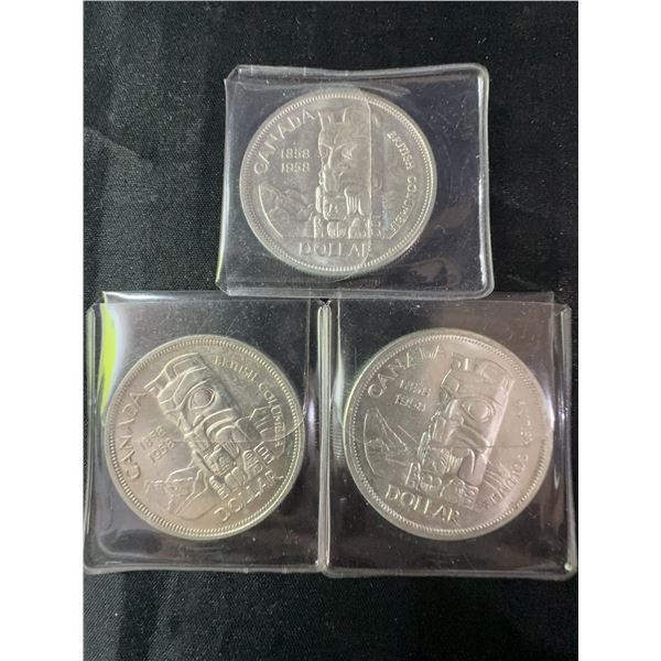 3 Canadian 23.3g .800 Silver Dollars 1858–1958 British Columbia Totem Queen Elizabeth II