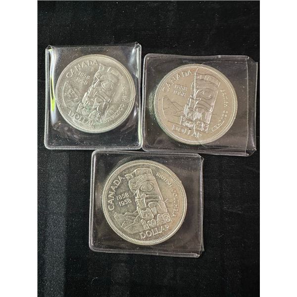 3 Canadian 1858-1958 Silver Dollars, .800 Silver, 23.3g Each, British Columbia Theme