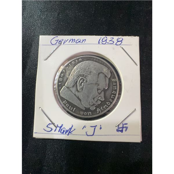 1938-J Germany 5 Reichsmark .900 Silver Coin, Paul von Hindenburg, 13.88g