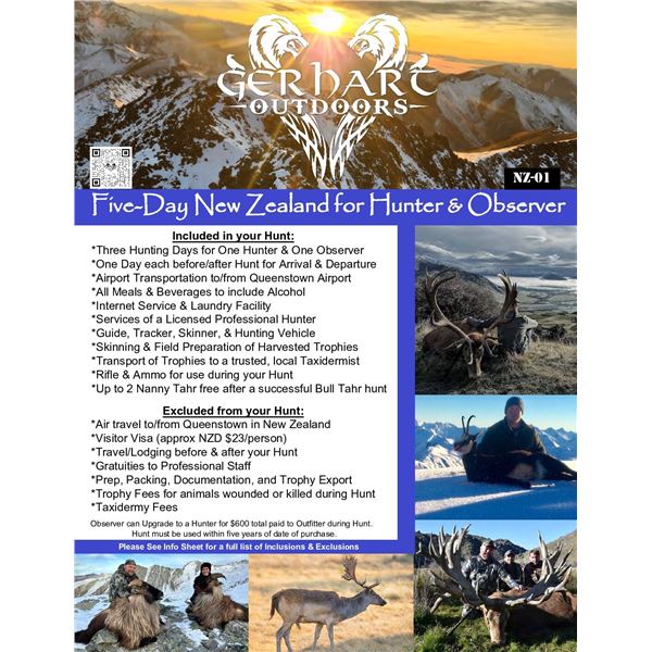 Five-Day New Zealand for Hunter & Observer. Experience the adventure of a lifetime