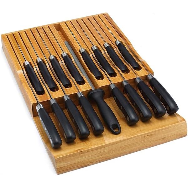VaeFae 16-Slot Bamboo Knife Drawer Organizer w/ Non-Slip Base - For Easy Access - New