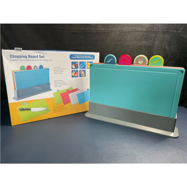 Set 4 Plastic Cutting Boards with Storage Stand; Color-Coded w/ Food Icons for Kitchen - Brand New!