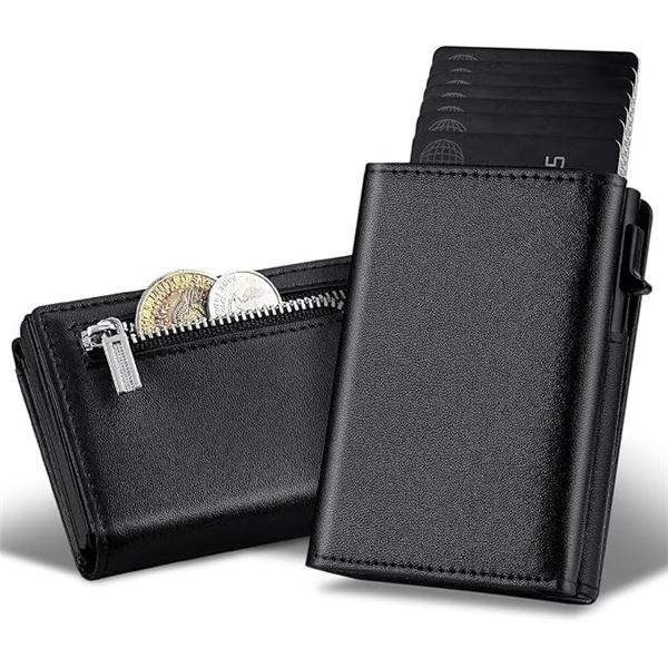 Men's Leather Pop-Up Card Holder Wallet with Zipper; RFID Blocking, Magnetic Closure (Black) New!