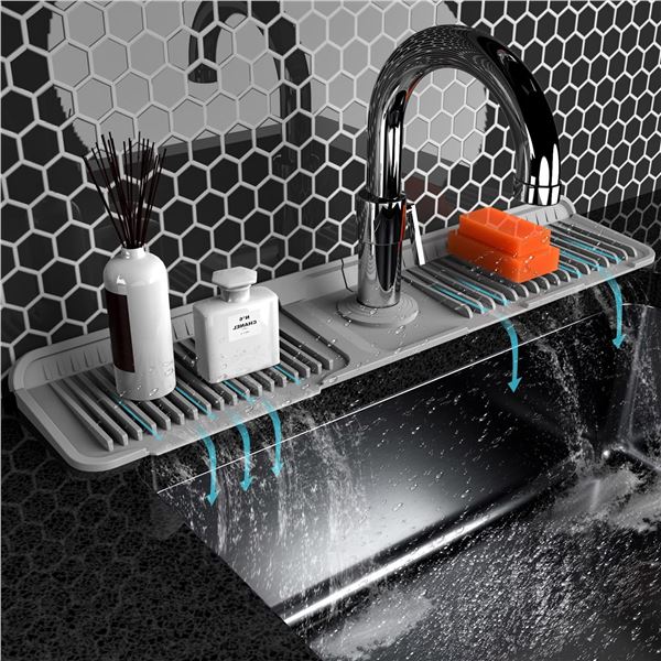 Sink Splash Guard for Behind Faucet; Kitchen Silicone Faucet Draining Mat (24" x 5.5") Gray - New
