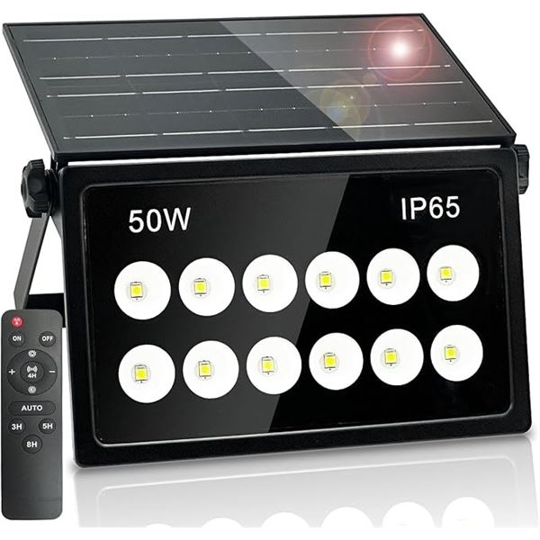 LED Outdoor Solar Flood Light with Remote Control; 50W Solar Security Light; Waterproof, 6500K - New