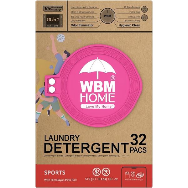 WBM Home Laundry Detergent Pods (32 Pods) Sports - Odor Defense for Activewear - New Sealed