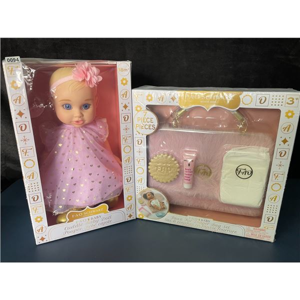 Fao Schwarz 14" Cuddle Baby Doll & Faux Fur Diaper Bag Play Set for Baby Doll - NEW SEALED!