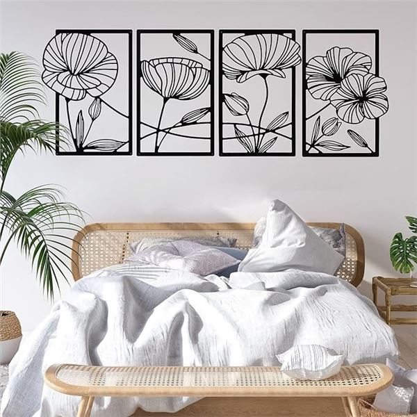 4PCS Modern Metal Floral/Poppy Wall Art (16.5" x 11.8" Size Each) Line Flower Art Decor (Black) New!