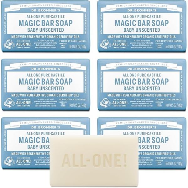 6-Pack of Dr. Bronner’s Pure-Castile Bar Soap Magic Bars (Baby Unscented, 140g) New Sealed