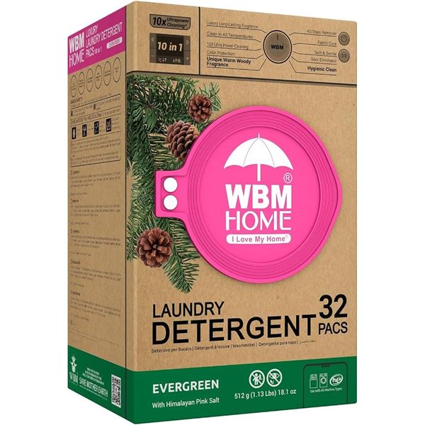 WBM Home Laundry Detergent Pods (32 Pods) Evergreen Scent; Ultra-Concentrated - New Sealed!