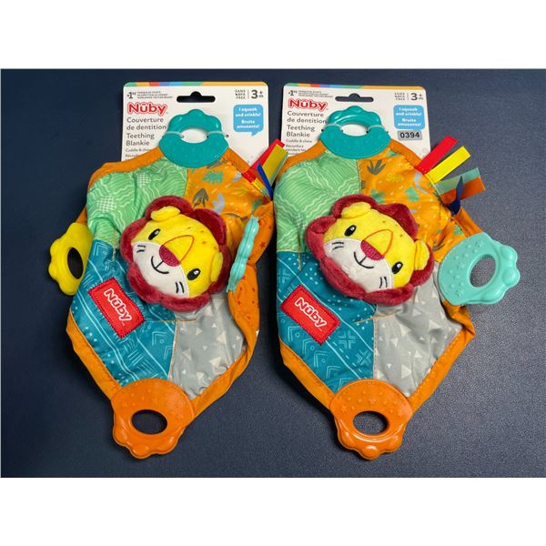 Lot of 2 Nuby Teething Blankies; Cuddle & Chew - Squeak/Crinkle Sensory Toys for Babies 3m+ New