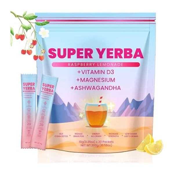 Super Yerba Packets; Raspberry Lemonade (30 Packets x 10g) Gut Support, Energy Benefits - New