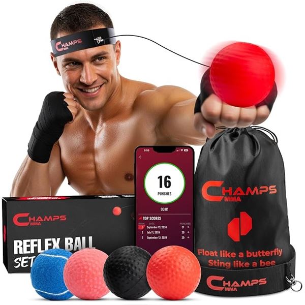 Champs MMA Boxing Reflex Ball Set with Punch-Counter App; Hand-Eye Coord/Speed Training Kit - NEW
