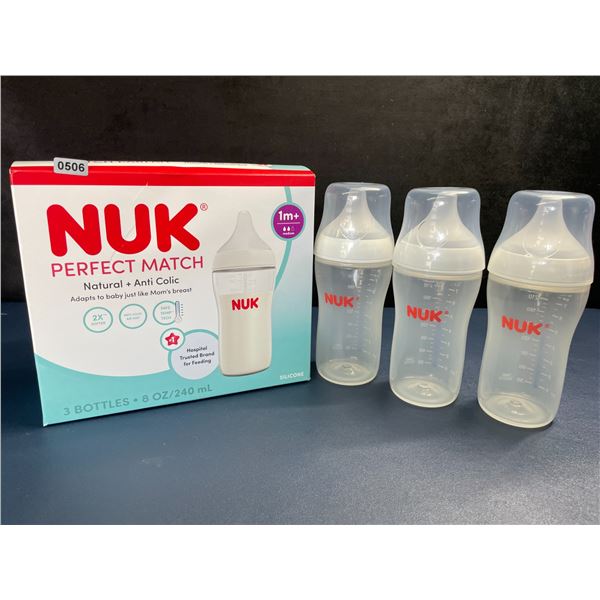 NUK Perfect Match 3-Pack Baby Bottles; Natural + Anti-Colic (1m+) Includes 3x 240ml Bottles - New