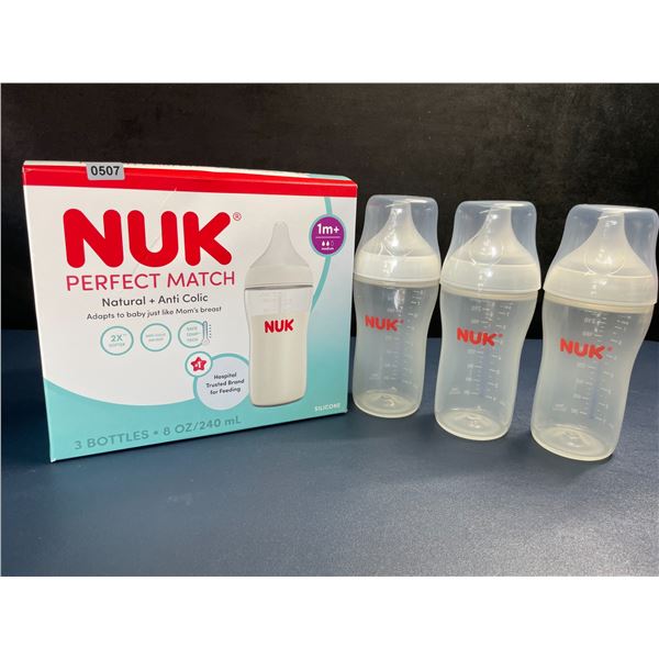 NUK Perfect Match 3-Pack Baby Bottles; Natural + Anti-Colic (1m+) Includes 3x 240ml Bottles - New