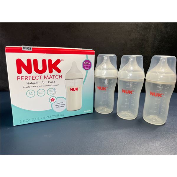 NUK Perfect Match 3-Pack Baby Bottles; Natural + Anti-Colic (1m+) Includes 3x 240ml Bottles - New