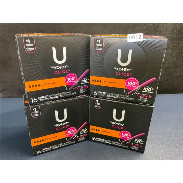 4 Boxes of U by Kotex Click Compact Unscented Tampons (16 Per Box) Super Plus - New Sealed