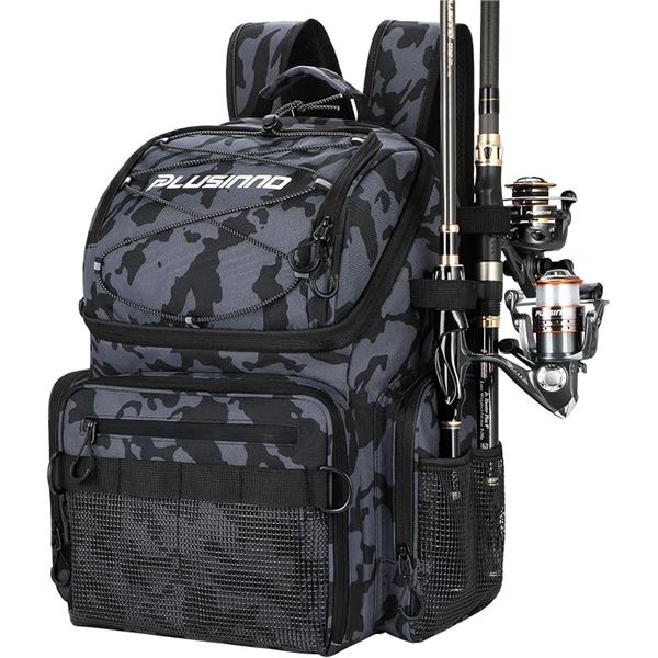 Plusinno Fishing Backpack (45L) w/ Rod Holders & Cooler; Water-Resistant Tackle Backpack - NEW