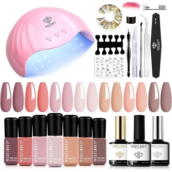 21PC Modelones Gel Nail Polish Kit w/ 48W UV/LED Nail Lamp, Nude Polishes, Nail Tools, etc. New!