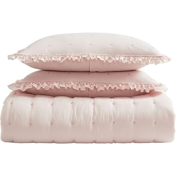 Laura Ashley Hailee 3-Piece Pink Microfiber Full/Queen Quilt Set (90" x 90") Brand New!