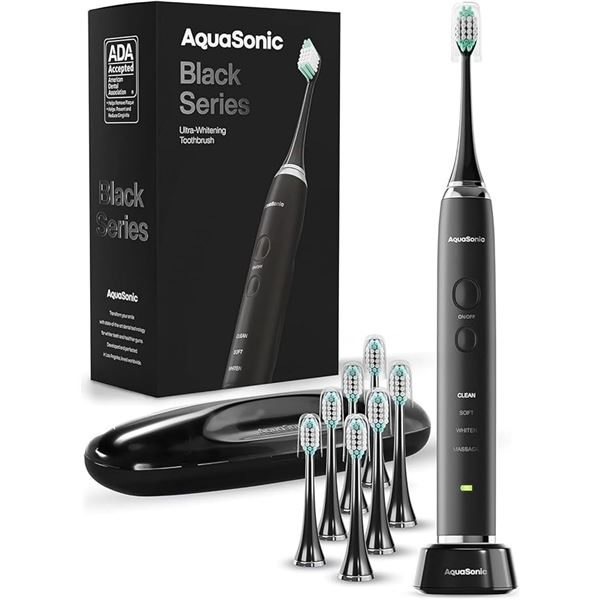 Aquasonic Black Series Ultra Whitening Electric Toothbrush Kit w/ 8 Brush Heads & Case - New Sealed!
