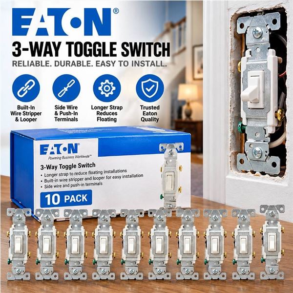 Eaton 15-Amp Single-Pole White Toggle Light Switch (10-Pack)