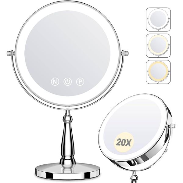 WOOCICA Makeup Mirror with Light, 20X Magnifying Mirror with Light and 3 Colors, 9" Vanity Mirror an
