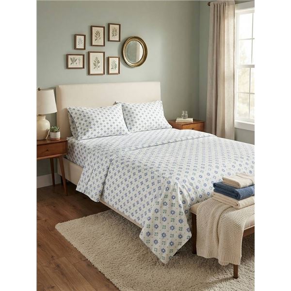 6pc Queen Sheet Set Blue Floral Pattern