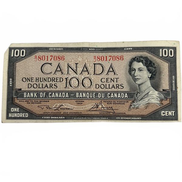 Vintage Canada 1954 $100 Banknote, Lawson-Bouey Signatures