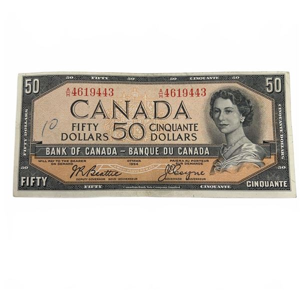 Vintage 1954 Canada $50 Banknote, Beattie-Coyne Signatures G Condition