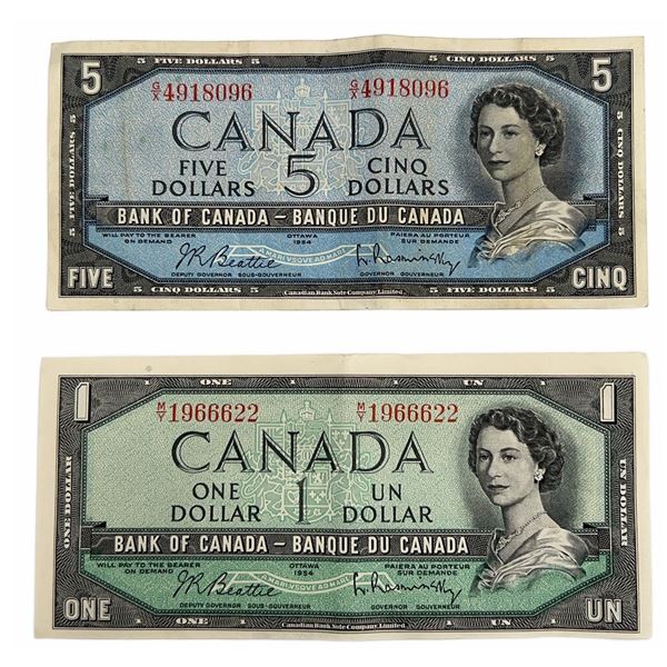 Vintage Canada $5 & $1 Banknotes 1954, Beattie-Rasminsky Sig. LOT OF 2 BILLS