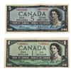 Image 1 : Vintage Canada $5 & $1 Banknotes 1954, Beattie-Rasminsky Sig. LOT OF 2 BILLS