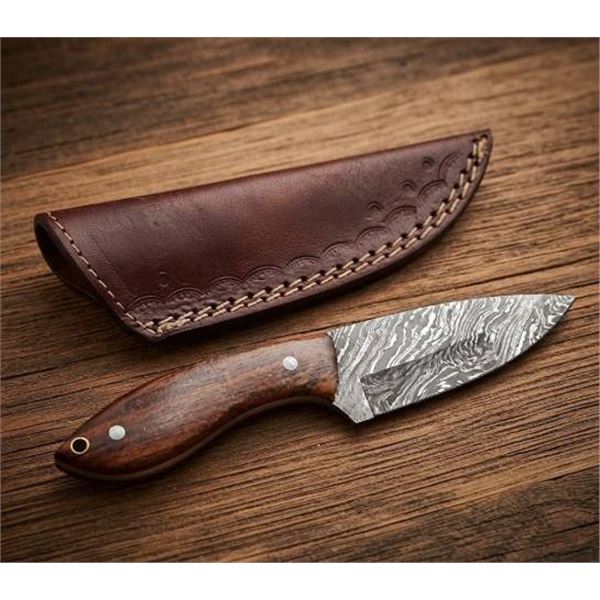 Damascus Steel Knife With Wood Handle, Sheath