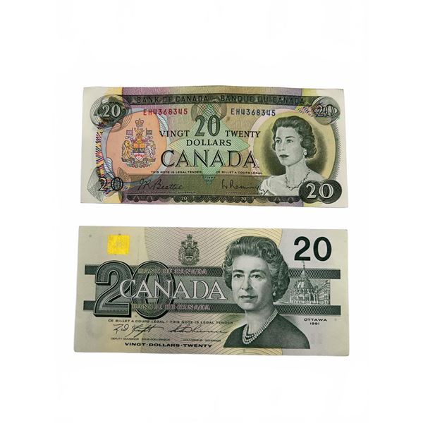 LOT OF 2 - Vintage Canada $20.00 Bills - 1991 & 1969 Years