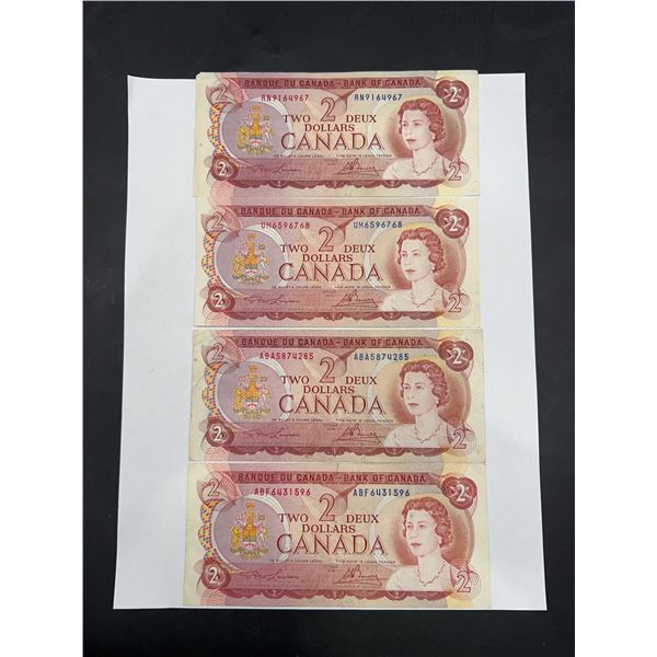 LOT of 4 Vintage Canada $2 Banknotes 1974