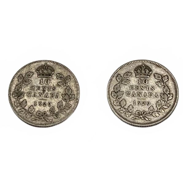 1929 Canada 10 Cents Silver Coins LOT of 2
