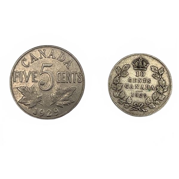 LOT of 2 Vintage 1929 Canada 5c Nickel & 10c Silver Coins