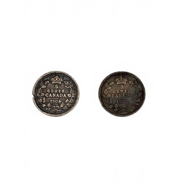 Vintage 1906 & 1903 Canada 5 Cents Silver Coins Pair King George V