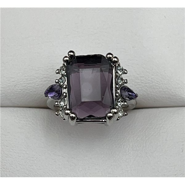 Emerald Cut 1.0 Carat Amethyst Solitaire .985 Silver Ring