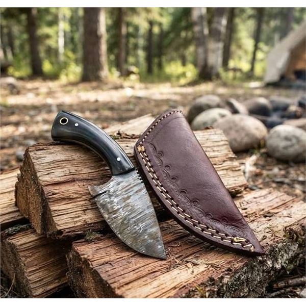 Damascus Curved Blade Knife With Black Handle And Sheath