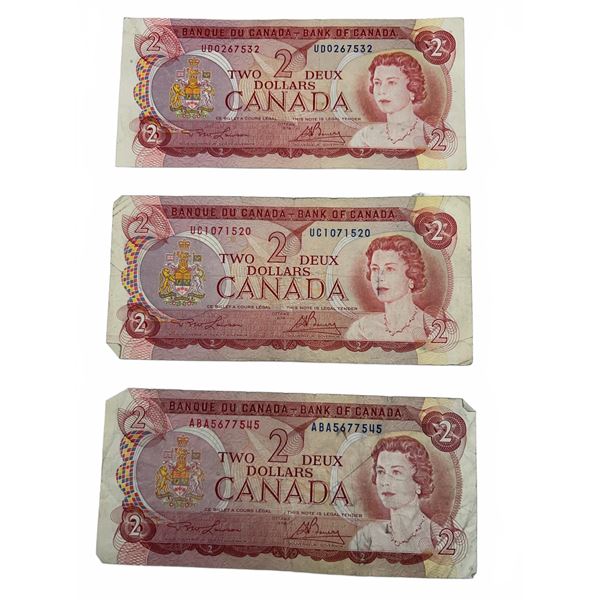 Lot of 3 Vintage 1974 Canadian $2 Banknotes