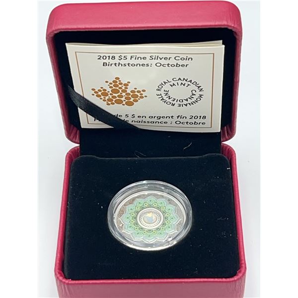 Royal Canada Mint issued 2018 $5 .999 Silver Coin October Birthstone