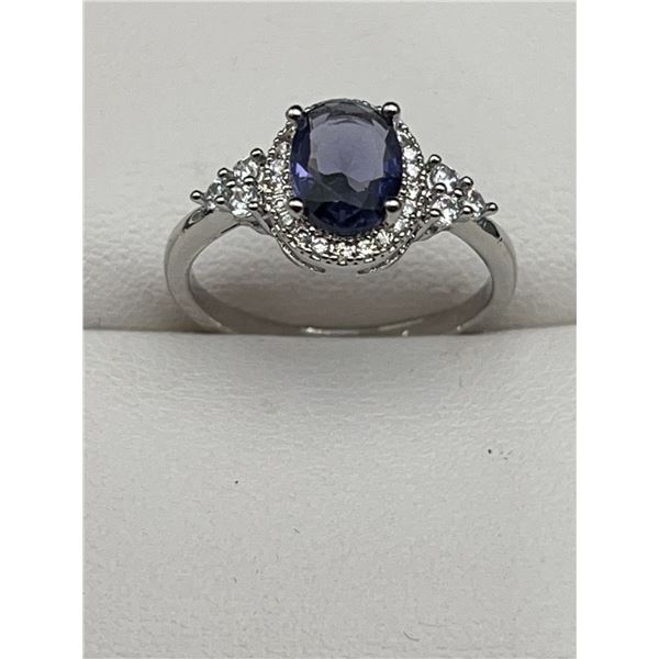 Blue Topaz 1.3 Carat Oval cut Solitaire .985 Silver Anniversary ring size 7